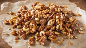 Amber beer brittle shards with mini pretzel pieces and mixed roasted nuts on parchment