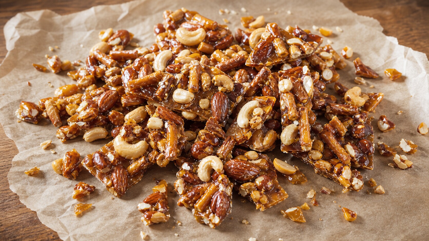 Amber beer brittle shards with mini pretzel pieces and mixed roasted nuts on parchment