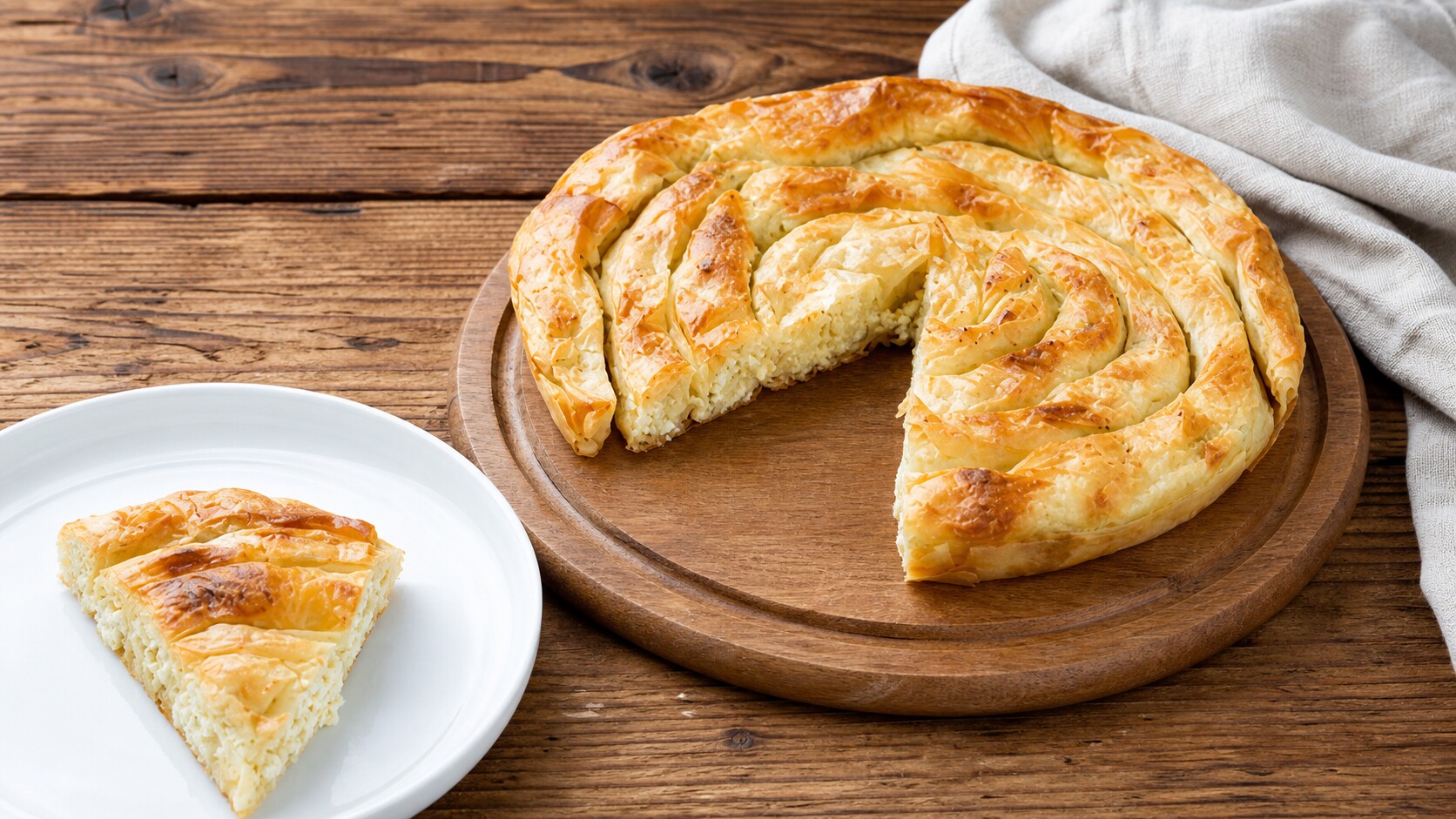 Golden Balkan feta and cream cheese pie made with flaky filo pastry