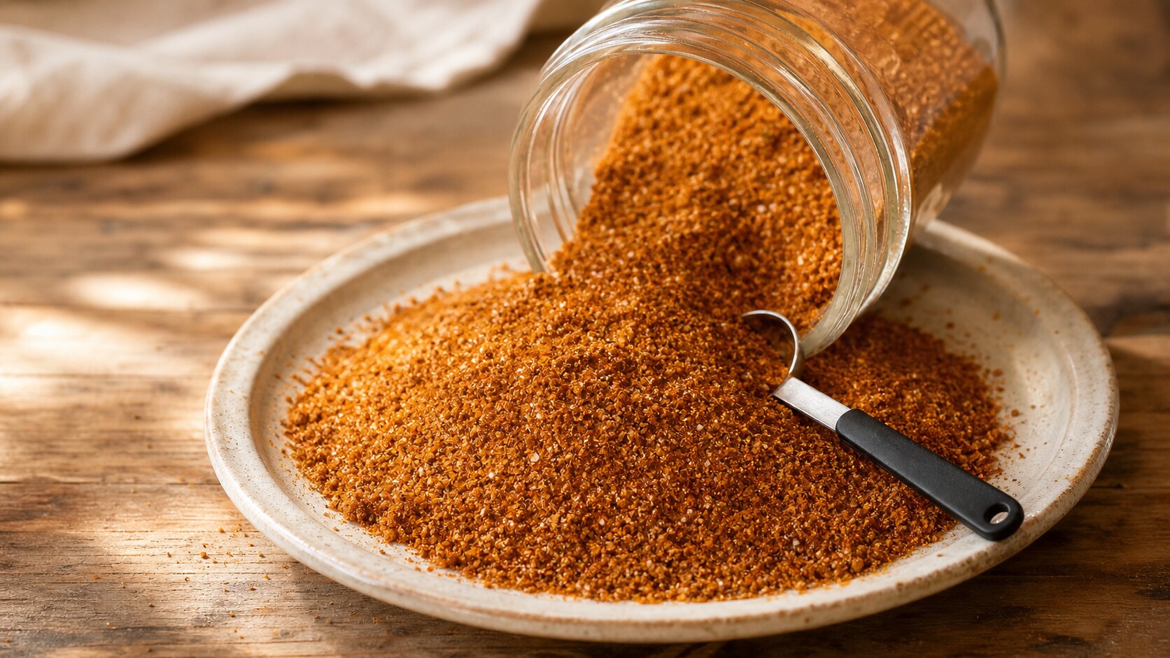 Reddish-brown sweet and spicy dry rub beside a clear jar and metal measuring spoon