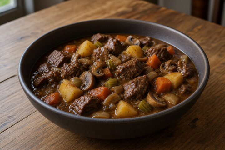 Thick brown ale stew with cubed meat, potatoes, carrots, celery, and mushrooms in a ceramic bowl