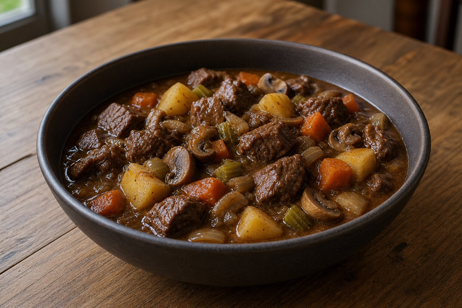 Thick brown ale stew with cubed meat, potatoes, carrots, celery, and mushrooms in a ceramic bowl