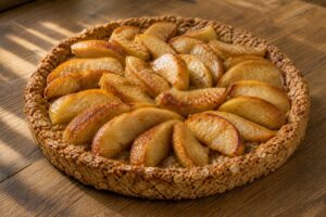 Round golden oat tart topped with glossy roasted apple wedges on a warm wooden table