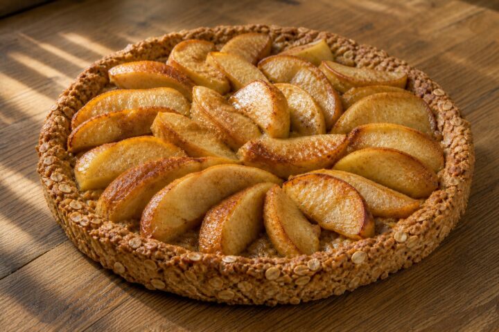 Round golden oat tart topped with glossy roasted apple wedges on a warm wooden table
