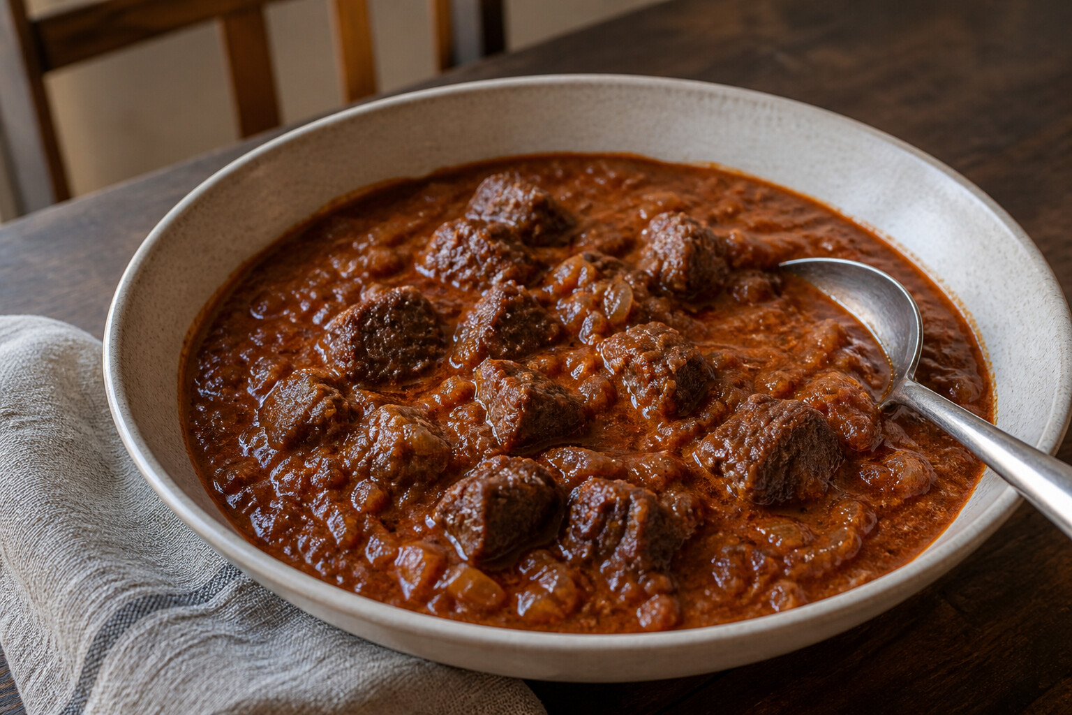 Thick red-brown gulasch beef stew with tender beef cubes and onions