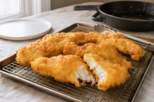 Golden beer batter fried fish draining on a wire rack over a baking sheet