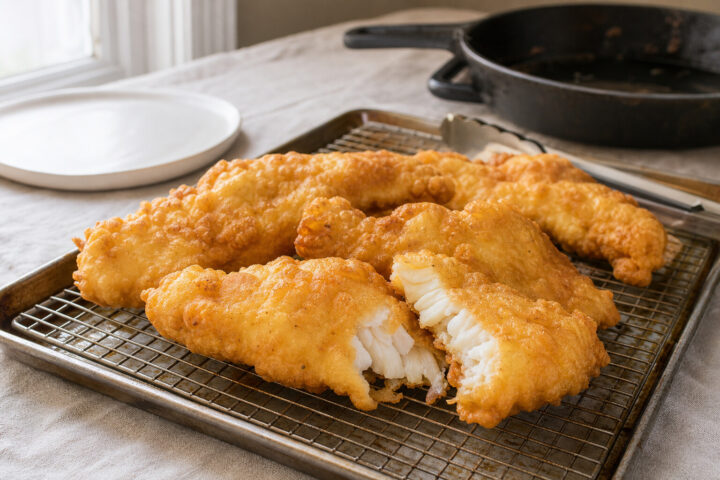 Golden beer batter fried fish draining on a wire rack over a baking sheet