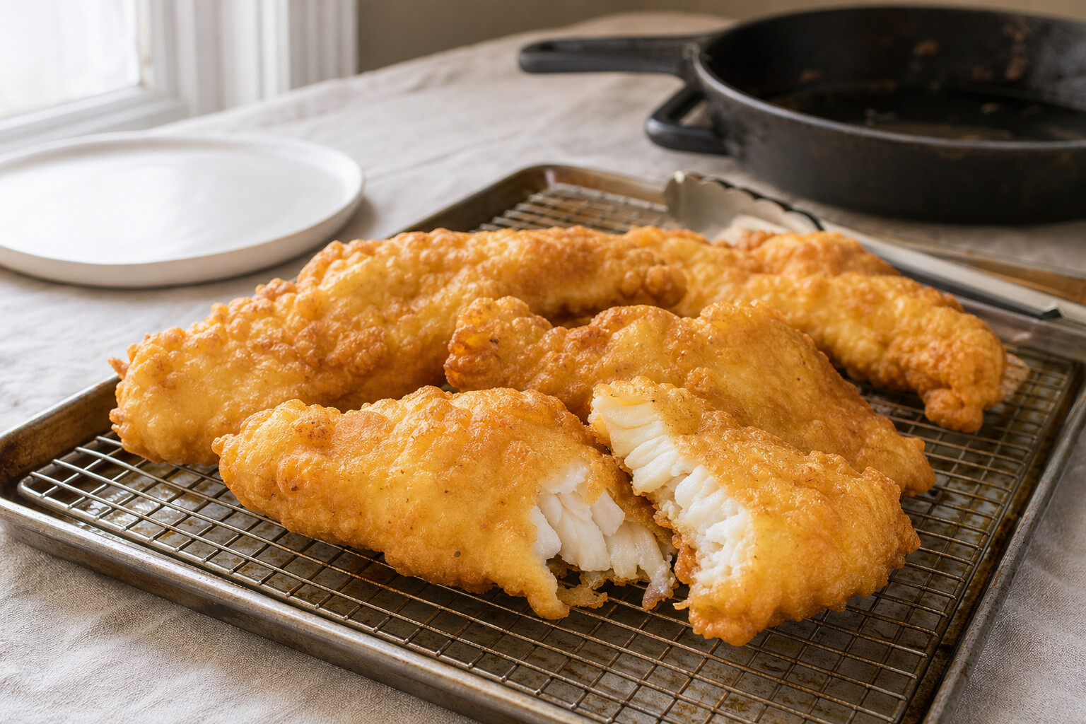 Golden beer batter fried fish draining on a wire rack over a baking sheet