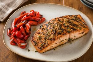 Beer marinated grilled salmon fillet with garlic, ginger, cilantro, and roasted red peppers on a serving platter