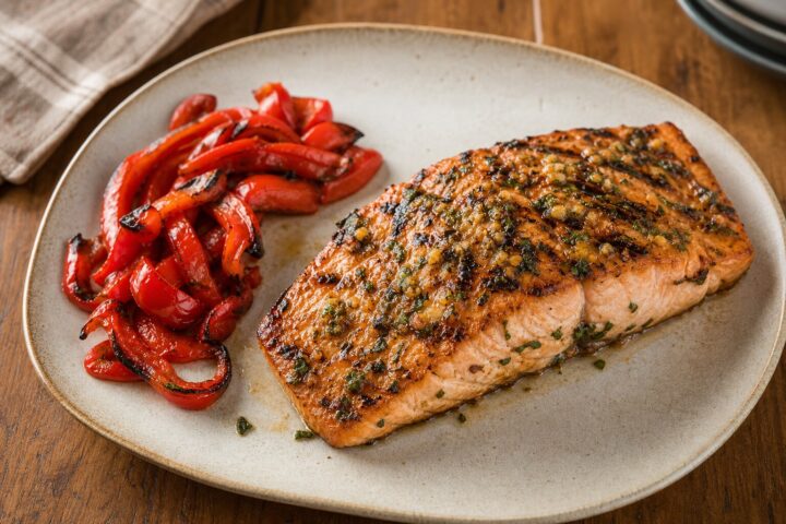Beer marinated grilled salmon fillet with garlic, ginger, cilantro, and roasted red peppers on a serving platter