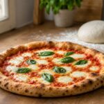 Homemade pizza with a golden crust and a proofed pizza dough ball