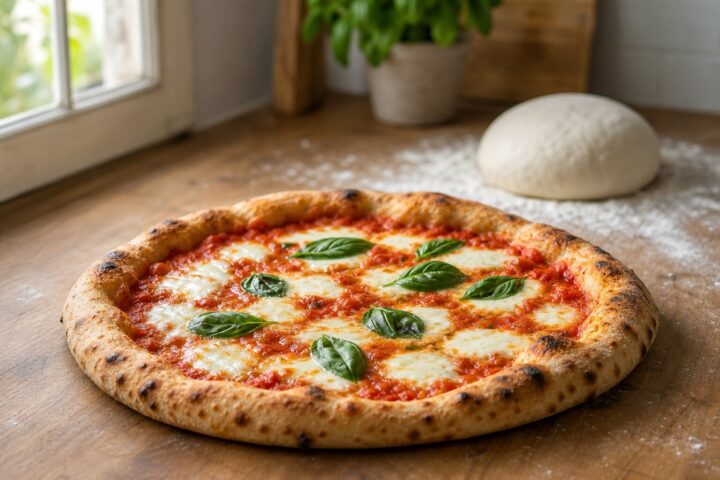 Homemade pizza with a golden crust and a proofed pizza dough ball