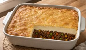 Square casserole of biscuit-topped shepherd’s pie showing golden biscuit crust, creamy potatoes, tomato beef, and mixed vegetables