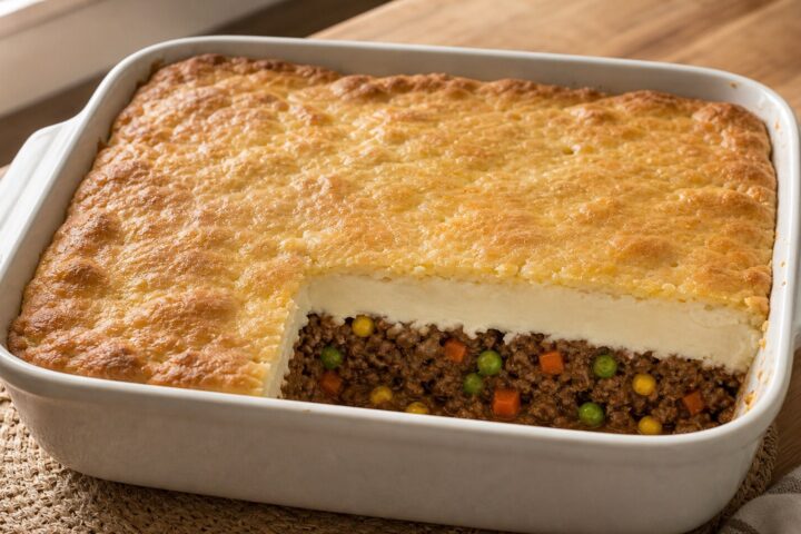 Square casserole of biscuit-topped shepherd’s pie showing golden biscuit crust, creamy potatoes, tomato beef, and mixed vegetables