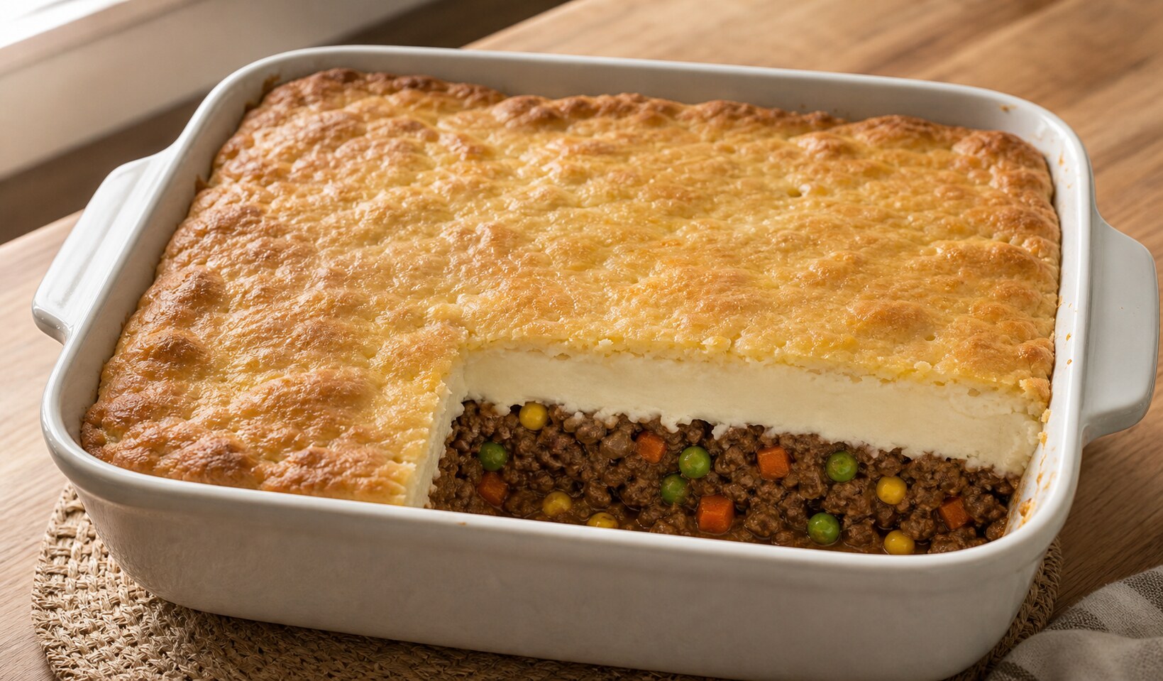 Square casserole of biscuit-topped shepherd’s pie showing golden biscuit crust, creamy potatoes, tomato beef, and mixed vegetables