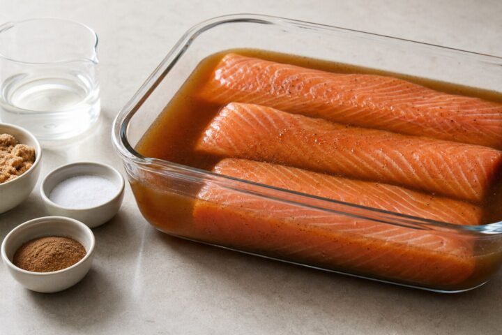 Raw salmon fillet pieces soaking in brown sugar vinegar brine with salt and ground allspice beside a glass container