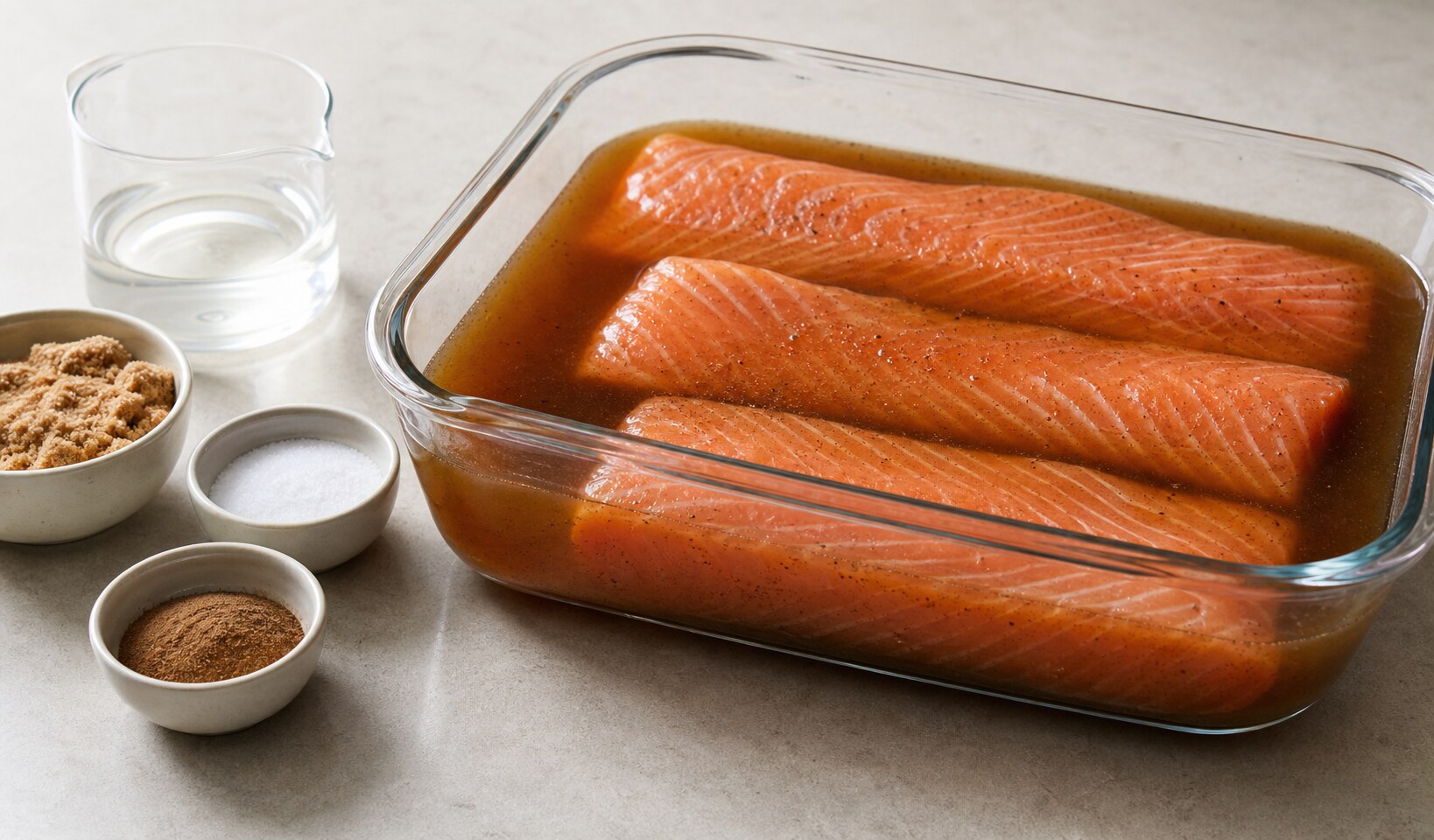 Raw salmon fillet pieces soaking in brown sugar vinegar brine with salt and ground allspice beside a glass container