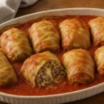 Eight cabbage rolls baked in oregano tomato sauce with one roll opened to show beef, pork, rice, and cheddar filling