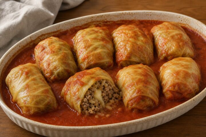 Eight cabbage rolls baked in oregano tomato sauce with one roll opened to show beef, pork, rice, and cheddar filling