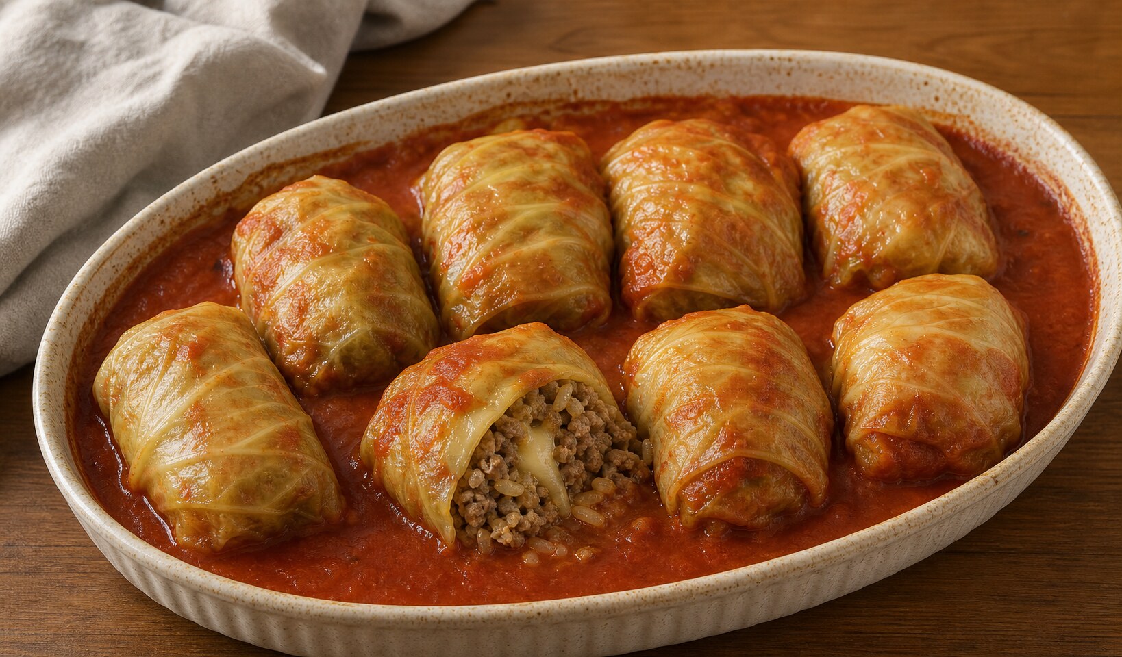 Eight cabbage rolls baked in oregano tomato sauce with one roll opened to show beef, pork, rice, and cheddar filling
