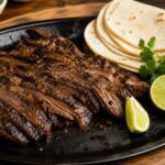 Thinly sliced carne asada with browned edges, cilantro lime marinade, warm tortillas, pico de gallo, and avocado