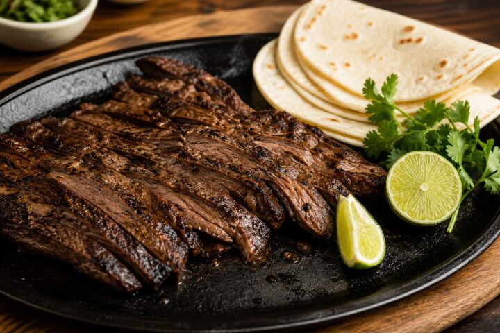 Thinly sliced carne asada with browned edges, cilantro lime marinade, warm tortillas, pico de gallo, and avocado