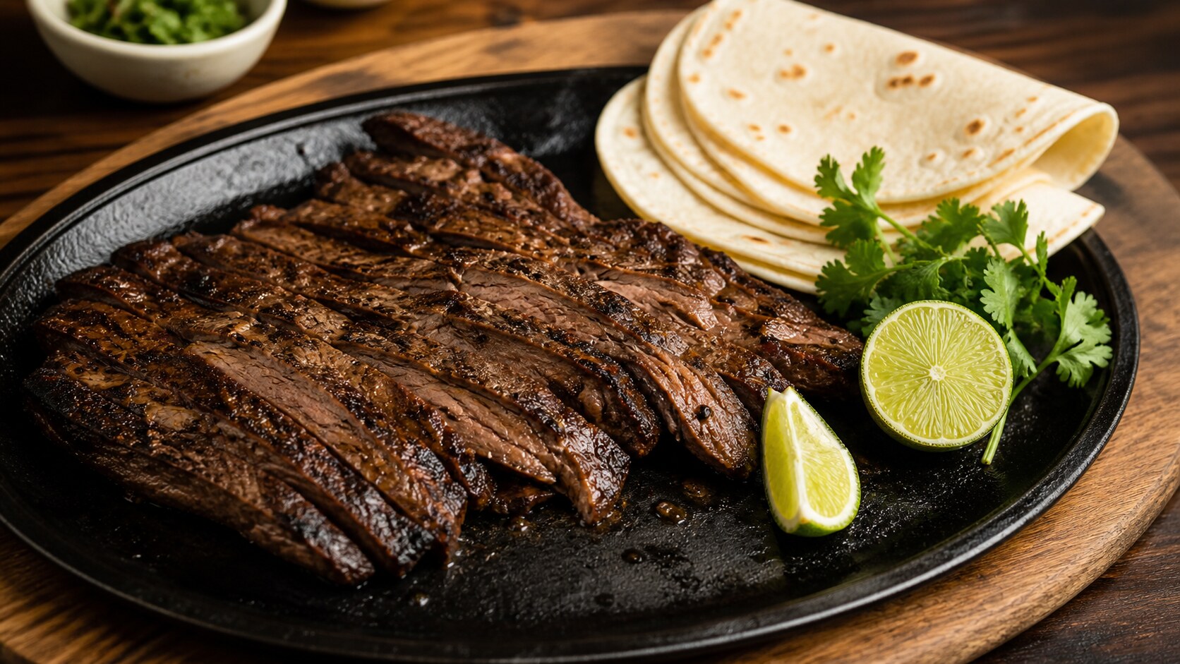 Thinly sliced carne asada with browned edges, cilantro lime marinade, warm tortillas, pico de gallo, and avocado