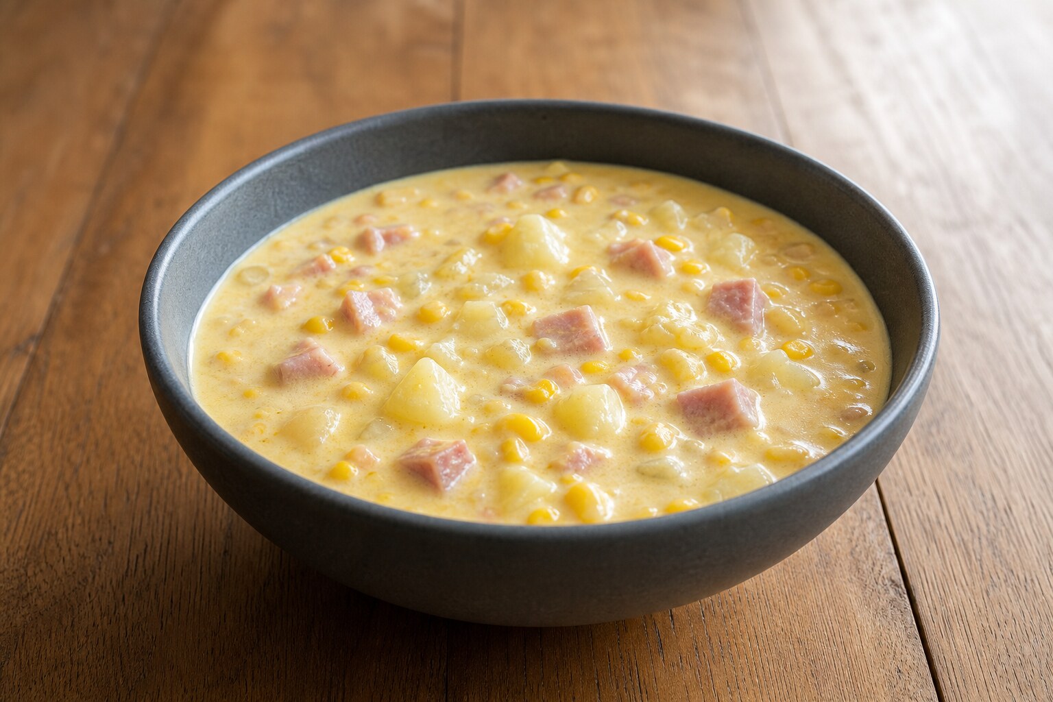 Creamy golden corn chowder with diced potatoes and pink ham pieces in a dark ceramic bowl