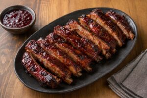 Cherry cola glazed pork spareribs with a glossy caramelized cherry and mustard coating on a serving platter
