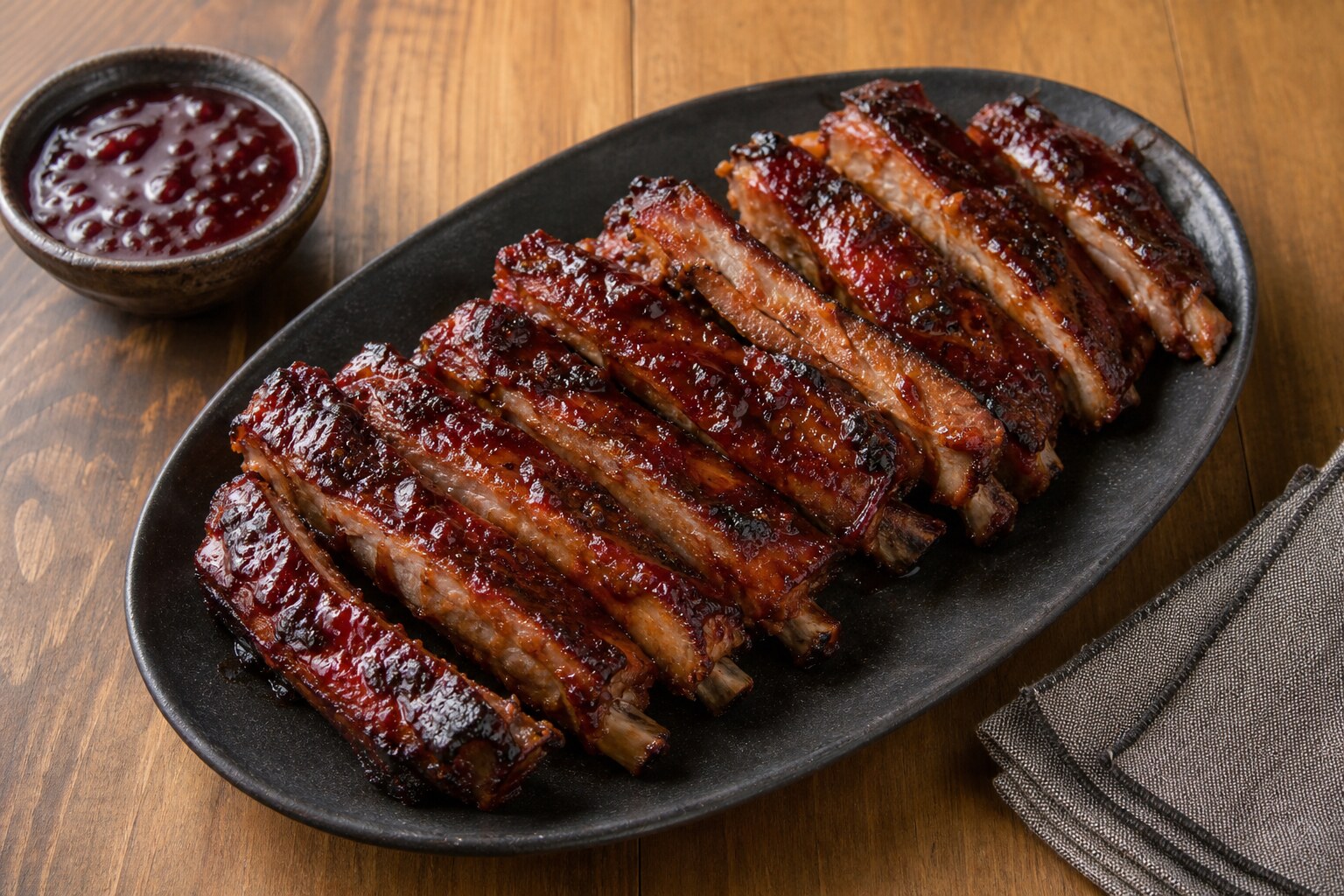 Cherry cola glazed pork spareribs with a glossy caramelized cherry and mustard coating on a serving platter