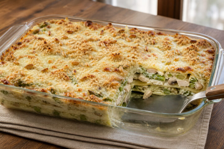 Golden baked lasagna layered with chicken, asparagus, mushrooms, creamy pesto sauce, and melted mozzarella