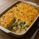 Chicken broccoli rice casserole with creamy mushroom curry sauce and melted cheddar in a baking dish