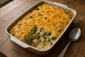 Chicken broccoli rice casserole with creamy mushroom curry sauce and melted cheddar in a baking dish
