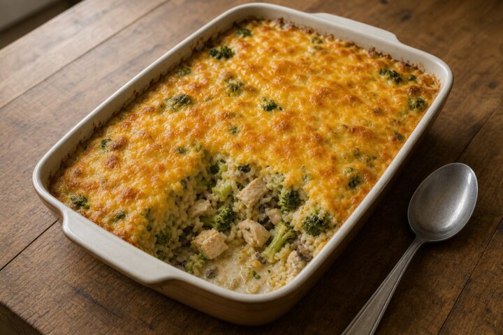Chicken broccoli rice casserole with creamy mushroom curry sauce and melted cheddar in a baking dish