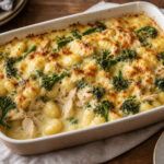 Chicken and gnocchi bake with green broccolini and a bubbling golden cheese top