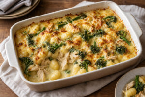 Chicken and gnocchi bake with green broccolini and a bubbling golden cheese top