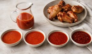 Four bowls of red chicken wing sauce arranged from mild to nuclear beside a glass pitcher of the tomato hot sauce base