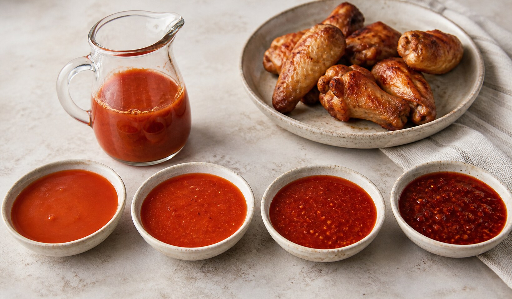 Four bowls of red chicken wing sauce arranged from mild to nuclear beside a glass pitcher of the tomato hot sauce base