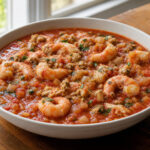 Tomato-red seafood stew with peeled shrimp, crab, chopped clams, and fresh basil in a wide bowl