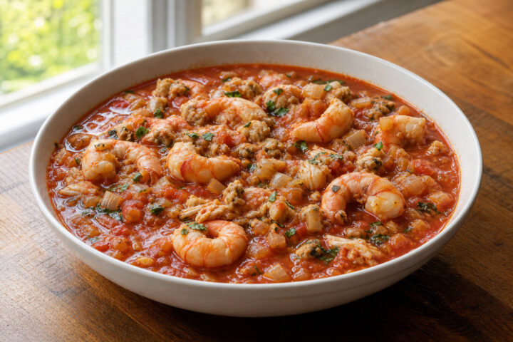 Tomato-red seafood stew with peeled shrimp, crab, chopped clams, and fresh basil in a wide bowl