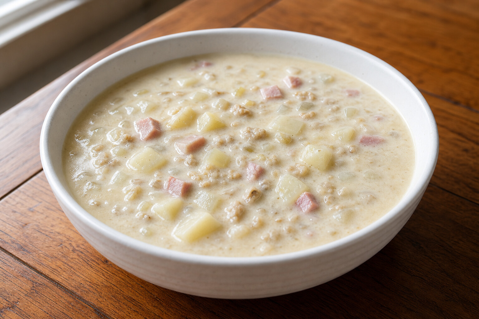 Creamy clam chowder with diced potatoes and ham in a white ceramic bowl on a wooden table