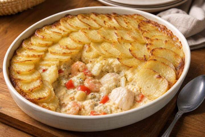Creamy halibut and shrimp fish pie with a thin overlapping sliced potato top in a baking dish