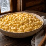 Creamy stovetop elbow macaroni coated in smooth cheddar and sour cream sauce in a warm serving bowl
