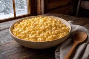 Creamy stovetop elbow macaroni coated in smooth cheddar and sour cream sauce in a warm serving bowl