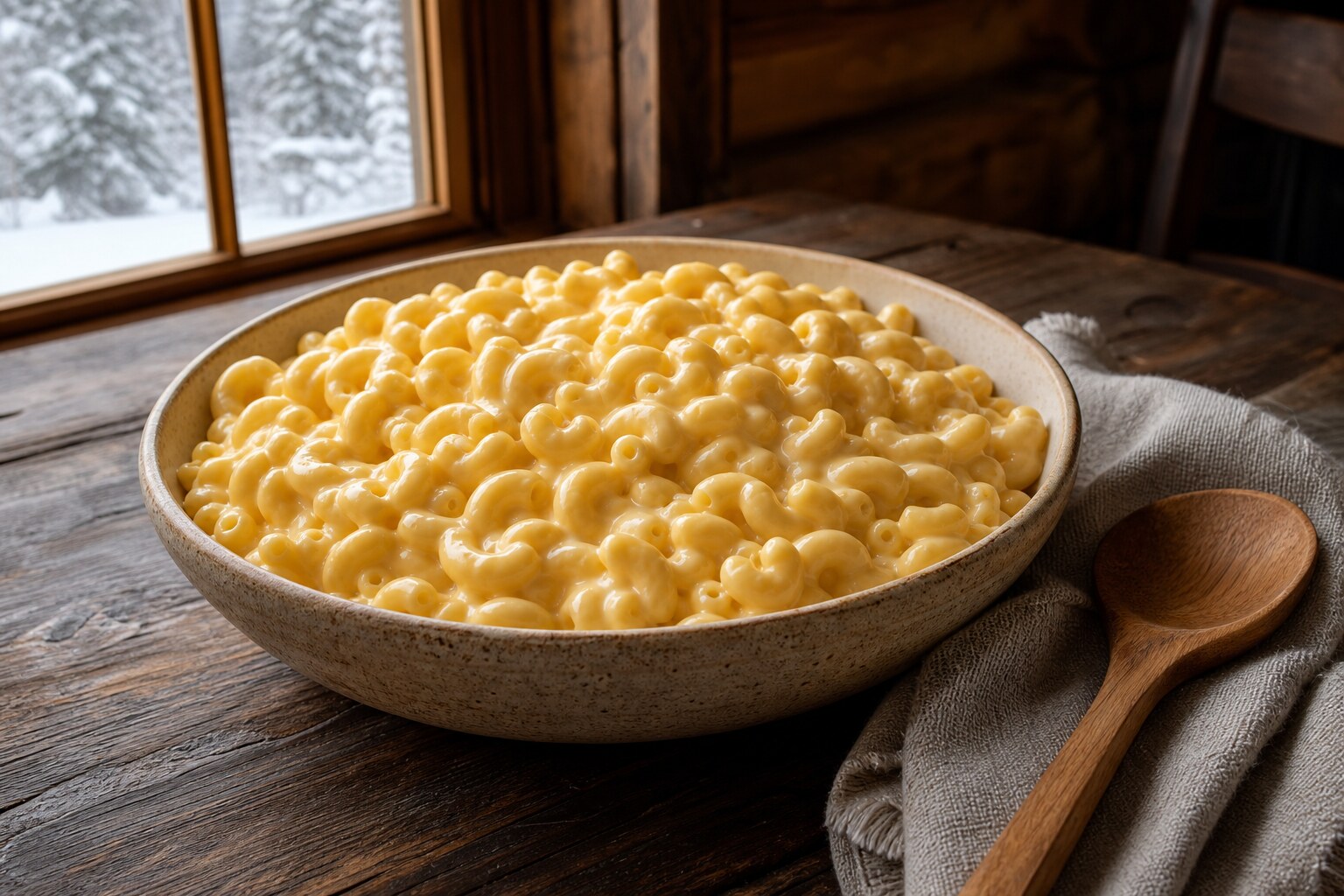 Creamy stovetop elbow macaroni coated in smooth cheddar and sour cream sauce in a warm serving bowl