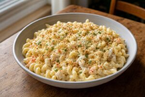 Creamy cavatappi with visible Dungeness crab, toasted panko, grated cheese, and chopped parsley in a ceramic bowl