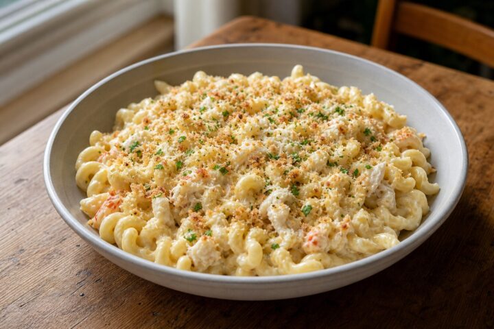 Creamy cavatappi with visible Dungeness crab, toasted panko, grated cheese, and chopped parsley in a ceramic bowl