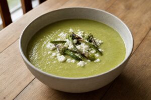 Silky green garlic scape soup topped with crumbled feta and grilled scape flower tops in a ceramic bowl