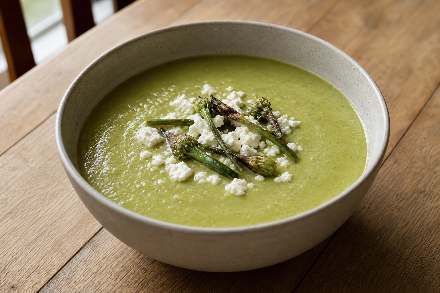 Silky green garlic scape soup topped with crumbled feta and grilled scape flower tops in a ceramic bowl