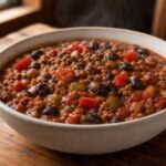 Ground beef and black bean chili with tomatoes, red pepper, and green chiles in a simple ceramic bowl